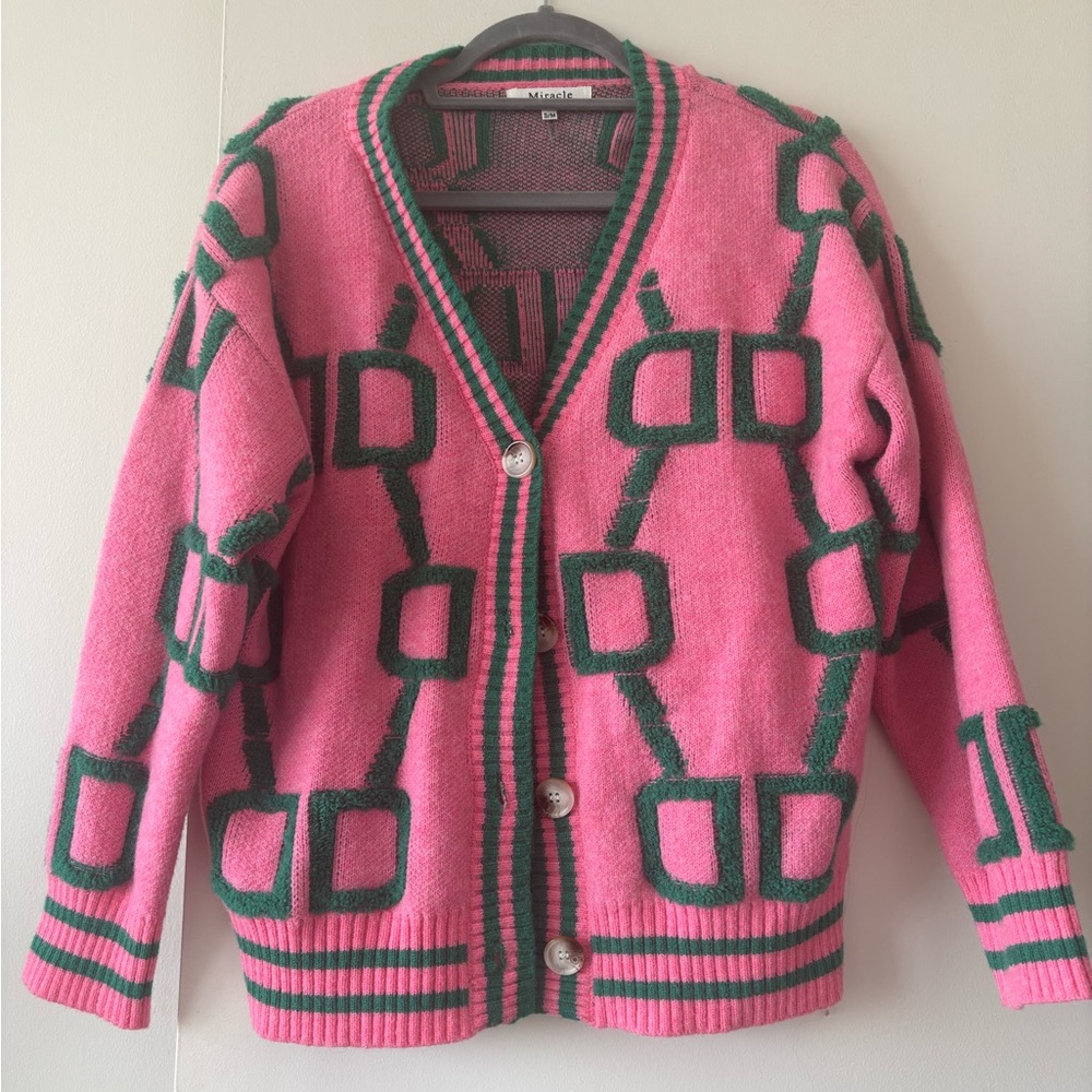 🍉 Never Been Worn! 🩷💚 Miracle Pink & Green Geometric Button-Up Cardigan